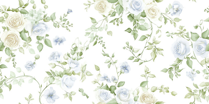 Delicate watercolor seamless pattern of pale blue and cream roses with green foliage on a white background for gentle fabrics, wedding stationery, or baby decor