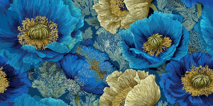 Striking contemporary seamless pattern of large blue poppies and gold foliage with a stipple texture for bold textiles, eye-catching packaging, or modern branding