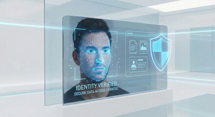Futuristic biometric facial recognition interface verifying user identity with 3D scanning technology and secure data