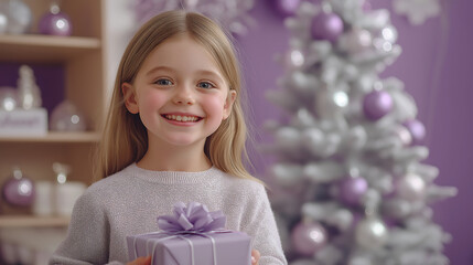 Smiling happy child holding Christmas present, celebrating winter holiday season, receiving gift on festive background with decorated Christmas tree