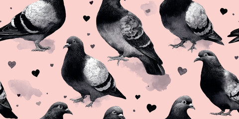 Vintage engraving style seamless pattern of detailed pigeons and soft black hearts on a pink background for romantic stationery, quirky fabrics, or digital use