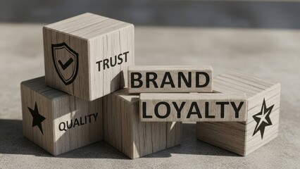 Brand loyalty wooden cubes with trust and quality symbols