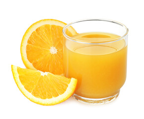 Fresh orange juice in glass and fruit slices isolated on white