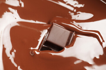Tasty melted chocolate and piece as background, closeup