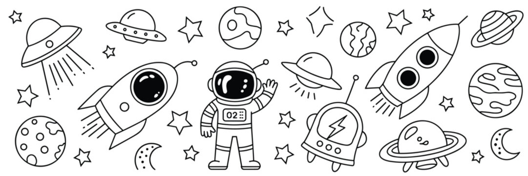 Black and White Doodle of Space Elements Astronaut Rockets Planets and UF Os vector illustration