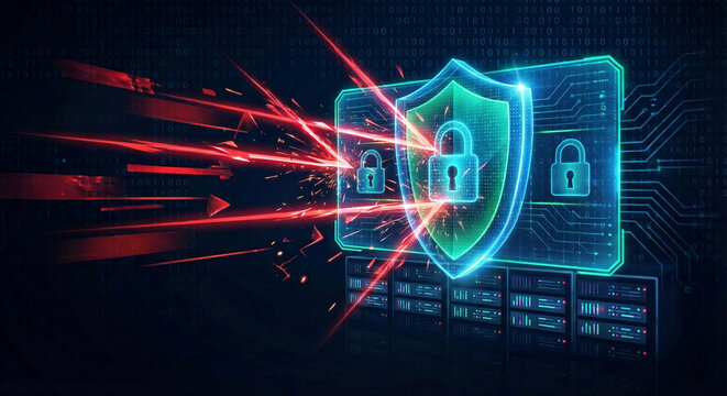 Active cyber defense concept showing a digital shield blocking red laser attacks to protect server infrastructure