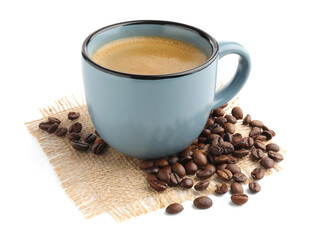 Aromatic coffee in cup and beans on white background