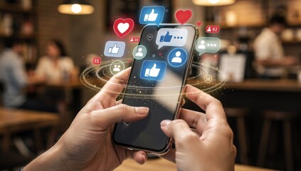 Hand Using Mobile Smartphone with Glowing Social Media Icons and Digital Notification Symbols for Marketing Concept Represents Online Communication and Global Network