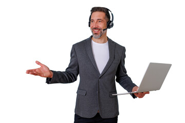 Mid adult man wearing headset and suit jacket presenting information, working remotely helping clients and giving service