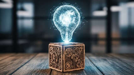 Innovation wooden cube with glowing digital lightbulb hovering