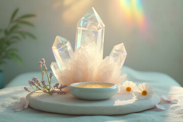 Quartz Crystals and Skincare Ritual Bowl with rainbow reflection - AI generated