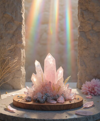 Glowing rose quartz crystal cluster on sacred altar with divine rainbow light - AI generated