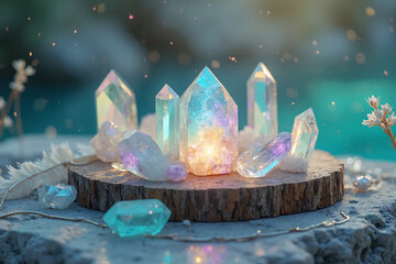 Magical crystal healing display with iridescent gemstones and ethereal light - AI generated