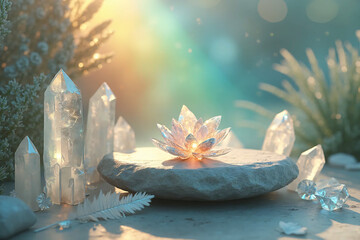 Spiritual zen garden altar with blooming quartz lotus and light - AI generated
