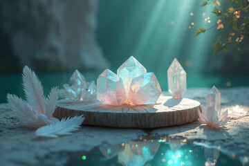 Sacred crystal altar for distance healing and reiki meditation with feathers - AI generated