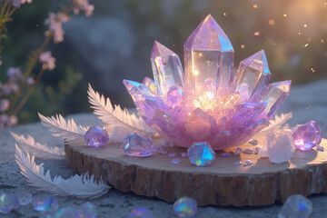 Magical glowing amethyst crystal altar with white feathers and golden light - AI generated
