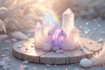 Divine crystal healing altar with amethyst and clear quartz in holy rainbow light - AI generated