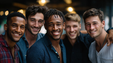 Obraz premium Group of young multiethnic men with positive energy, friendship and camaraderie, casual group portrait, diverse male bonding, contemporary lifestyle photography, with copy space