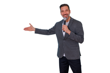 Professional male speaker holding microphone and gesturing during a presentation or conference, transparent background