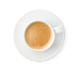 Aromatic coffee in cup isolated on white, top view