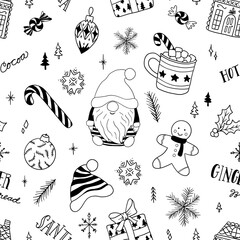 Christmas Cute Cartoon Decor Line Art Seamless pattern, Hand Drawn Holiday Elements, Winter Doodle pack Illustration