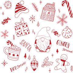 Christmas Cute Cartoon Decor Line Art Set, Hand Drawn Holiday Elements, Winter Doodle pack Illustration