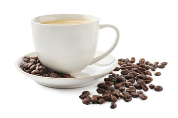 Cup of aromatic coffee and roasted beans isolated on white