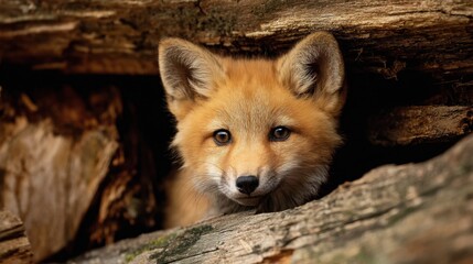 Obraz premium A young fox looks out from behind a pile of logs in a forest. The animal appears curious and alert with bright eyes and a soft coat. Sunlight filters through the trees.