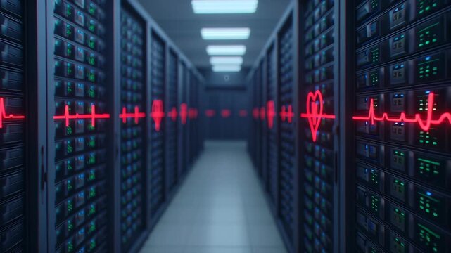 Medical blockchain data, server room with heartbeat visualization.