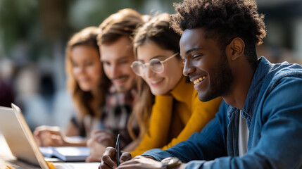 Diverse college students in outdoor group study session, campus collaboration, educational teamwork, notebooks and laptops visible, engaged learning community, with copy space