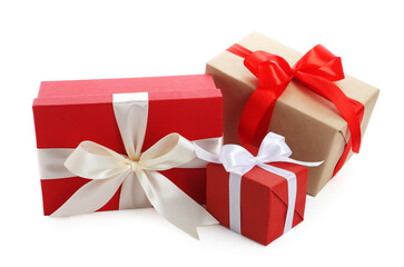 Beautiful gift boxes with bows isolated on white