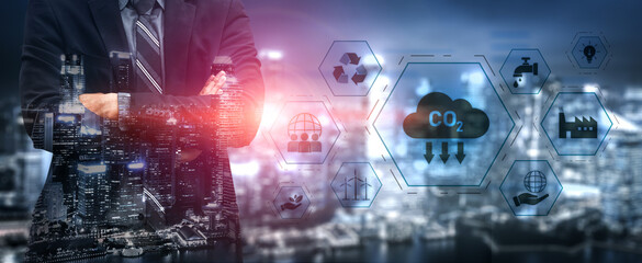 Carbon reduction at the center of sustainable strategies, including renewable energy, recycling, clean water, innovation, global responsibility, and eco-friendly industry Vouch