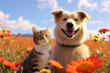 Dog and Cat relaxing in a flower field
