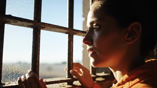 Young woman prisoner wearing orange correctional uniform looking through fenced window in jail cell. Hope concept.