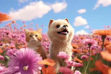 Dog and Cat relaxing in a flower field
