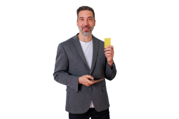 Businessman holding credit card and smartphone, smiling at camera, showing new payment methods, transparent background