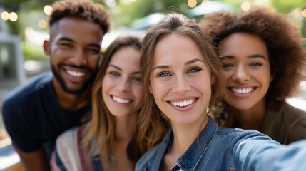 Multiethnic friends posing for selfie on spring day, outdoor party celebration, weekend social gathering, genuine happiness, diverse group bonding, with copy space