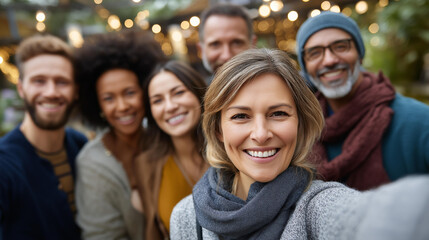 Obraz premium Multiethnic friends posing for selfie on spring day, outdoor party celebration, weekend social gathering, genuine happiness, diverse group bonding, with copy space
