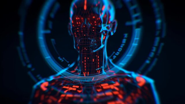 Medical blockchain data, futuristic digital skeleton representation.