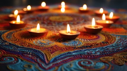 A rangoli design is displayed on the floor with bright colors. Small candles are lit around the pattern. This scene captures a festive atmosphere in the evening.