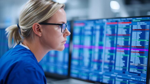 Medical blockchain data, healthcare professional analyzing patient information.