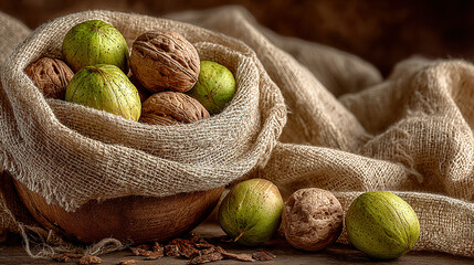 Green figs and walnuts in a rustic bowl with cloth, on a wooden surface.