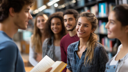 Diverse high school students in library discussing together, educational environment, casual attire, collaborative learning, standing by bookshelves, engaged conversation, with copy space