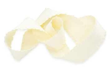 Beautiful beige ribbon isolated on white, top view