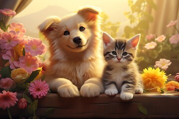 Dog and Cat relaxing in a flower field