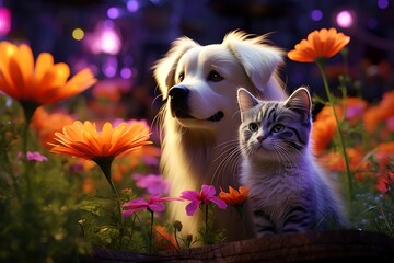 Dog and Cat relaxing in a flower field