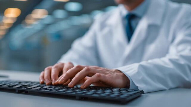 Medical blockchain data, health professional typing on a keyboard.