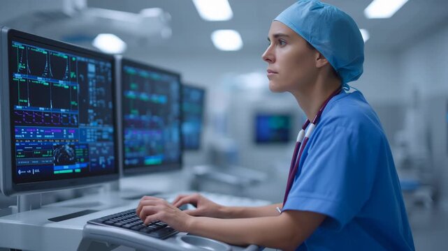 Medical blockchain data, healthcare professional analyzing patient information.