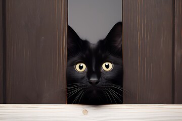 Close-up photo of a cute black kitten peeking out