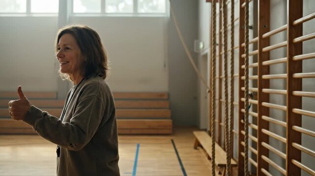 Woman smiling and looking at camera while giving thumbs up. Gym setting with wooden equipment in background and natural light illuminating space. Concept of fitness, motivation, personal training